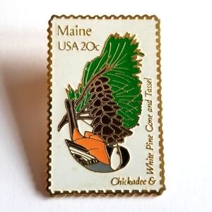 Vintage Chickadee stamp pin Maine bird enamel brooch gold tone